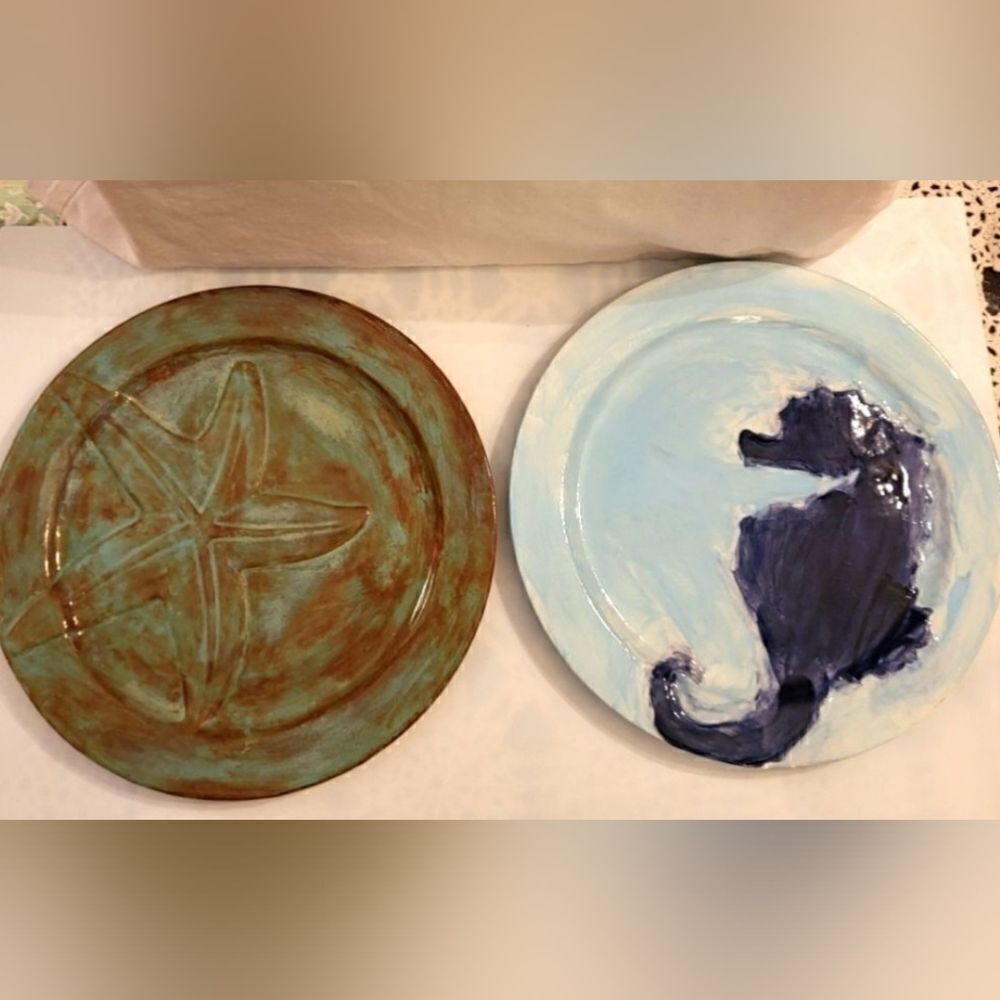 New Anthropologie Ceramic Set of 2 "Nautical" Serving Plates/Platters 10" Dia.
